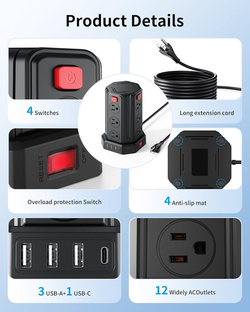 SMALLRT Power Strip Surge Protector, 6.5 Ft Extension Cord with 12 AC Multiple Outlets 4 USB (1 USB C), Power Tower Desktop Charging Station (Black, 6.5 Ft) - Image 4
